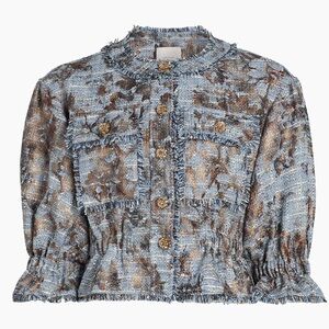 Cinq a Sept Jaxie Foil-Print Tweed Crop Jacket- in Silver